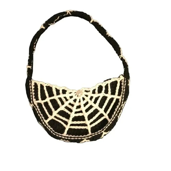 Crochet Spiderweb Halloween Handbag Purse Black White Shoulder Strap Spooky Goth - Picture 6 of 6